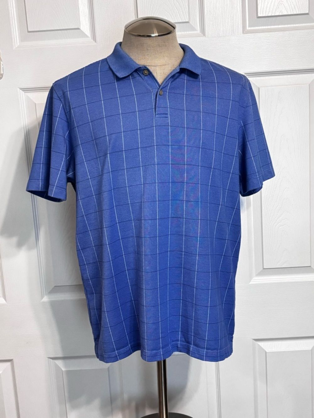 Van Heusen Blue White Windowpane Check Polo Shirt Collar Men’s Size L 2-Button